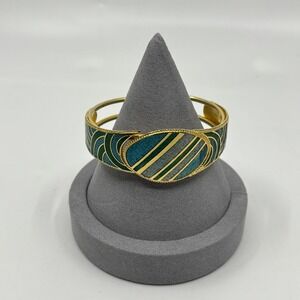Vintage Art Deco Style Green Teal Enamel Gold Tone Hinged Bypass Bangle Bracelet